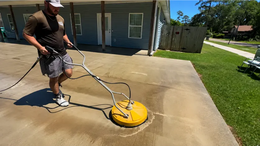 Professional Driveway & Concrete Cleaning Naples FL removing dirt, stains, and buildup from a residential concrete driveway